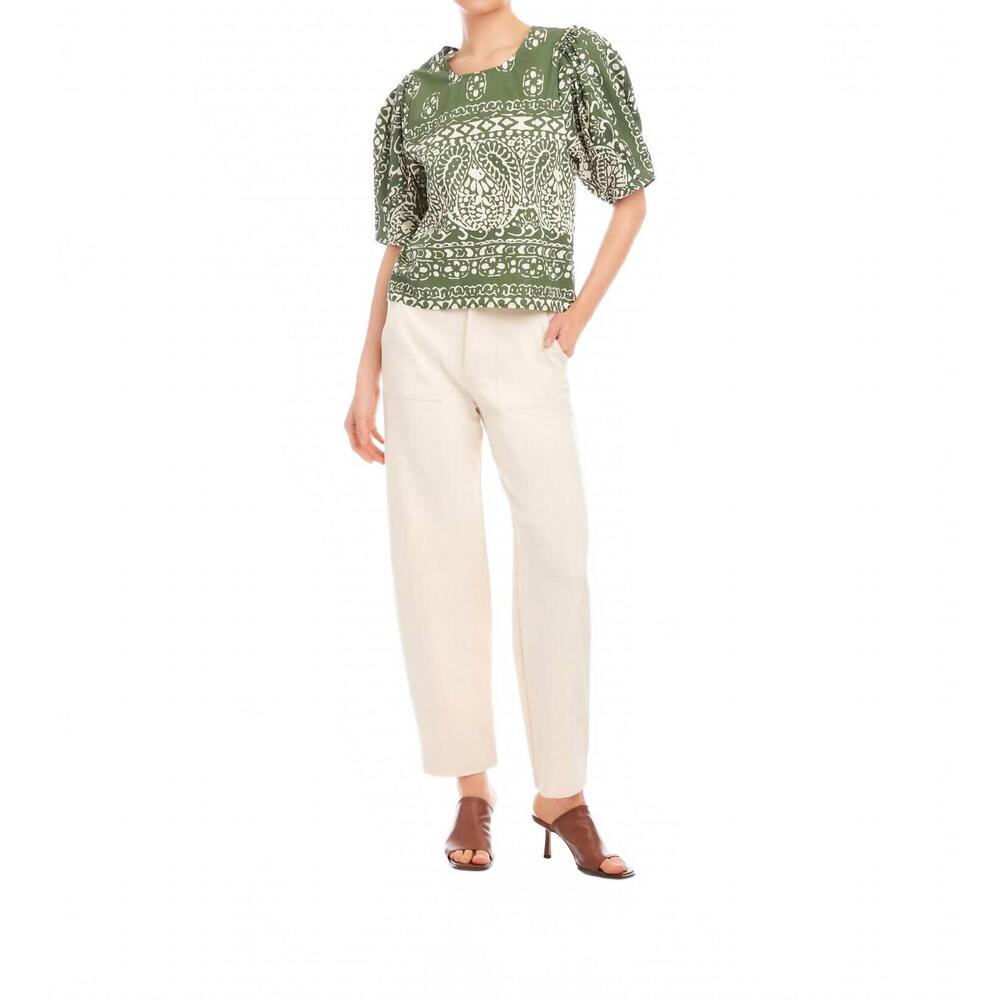 NEW FIFTEEN TWENTY rosie puff sleeve top in green/off white print
